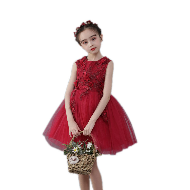 女童红色礼服花童婚礼蓬蓬儿童生日公主裙小女孩主持人演出服秋冬
