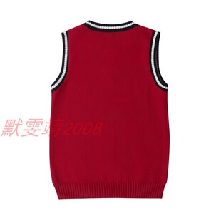 伊顿校服红色v领黑白条针织男童女童春秋英伦套头背心马甲09B111
