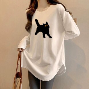 白色纯棉长袖t恤女秋冬季打底衫女中长款高级感加绒加厚内搭上衣