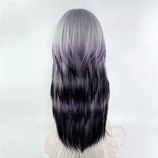 暹罗猫假发亚文化亚比水母头高层次y2k长发银色渐变紫黑色公主切