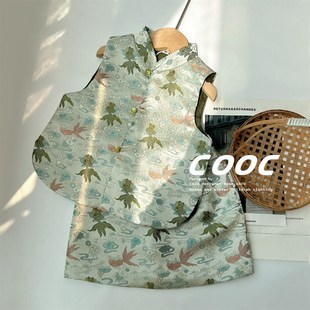 2024秋季新款女童新中式国风马甲半身裙绿色上衣金鱼提花马甲套装