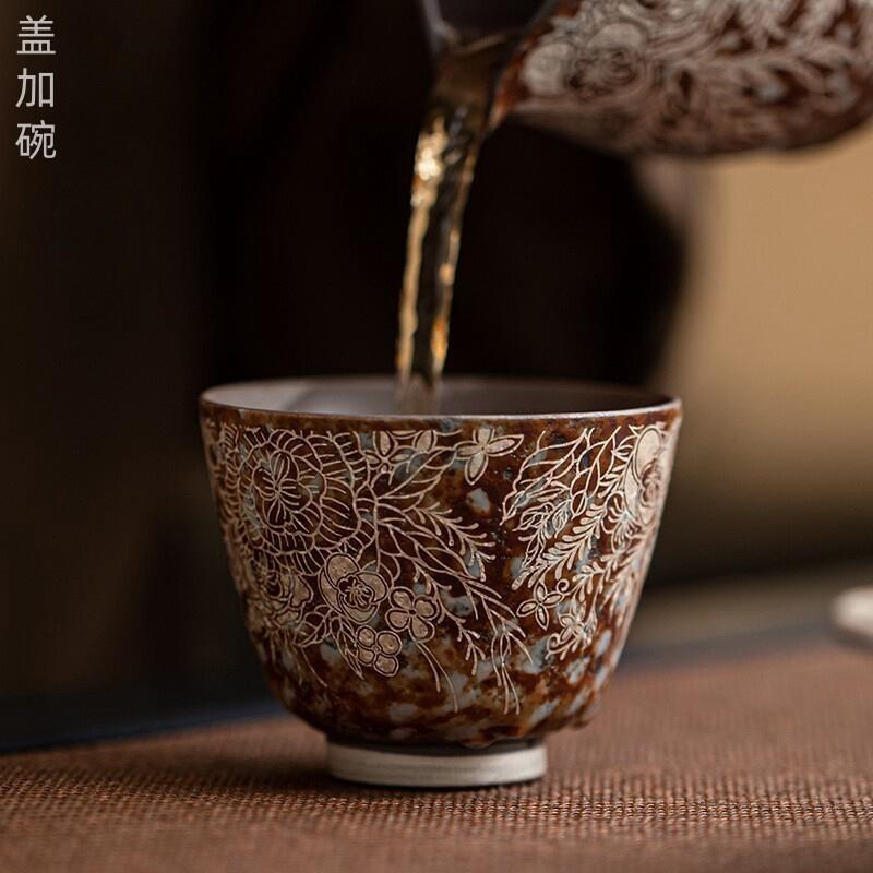 老岩泥繁花鎏银沉香杯复古粗陶茶杯功夫茶具品茗杯大号主人杯单杯