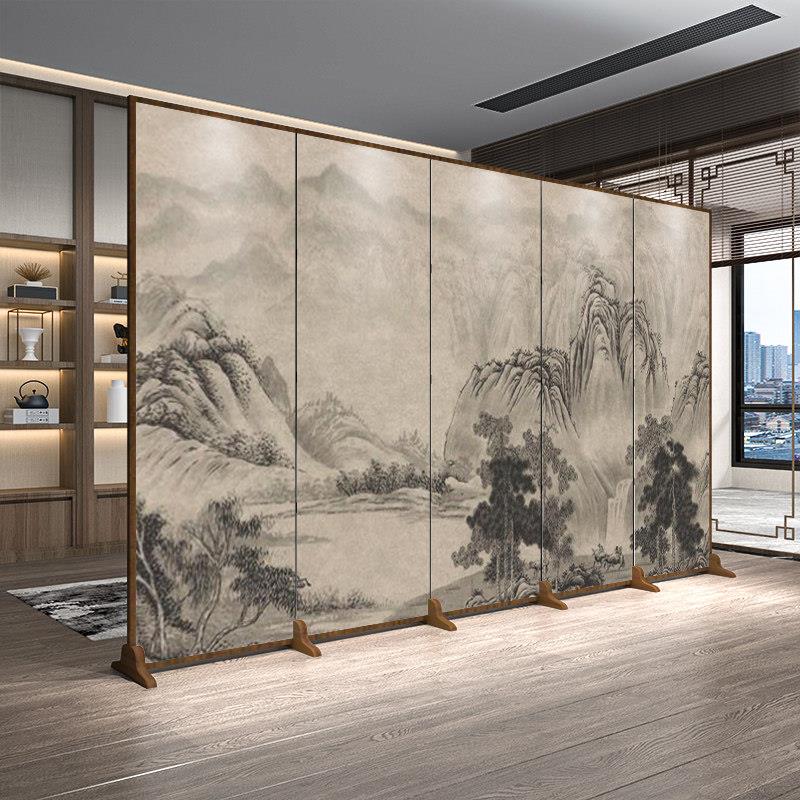 古典中式木质屏风隔断客厅进门玄关装饰折叠移动茶室背景山水折屏