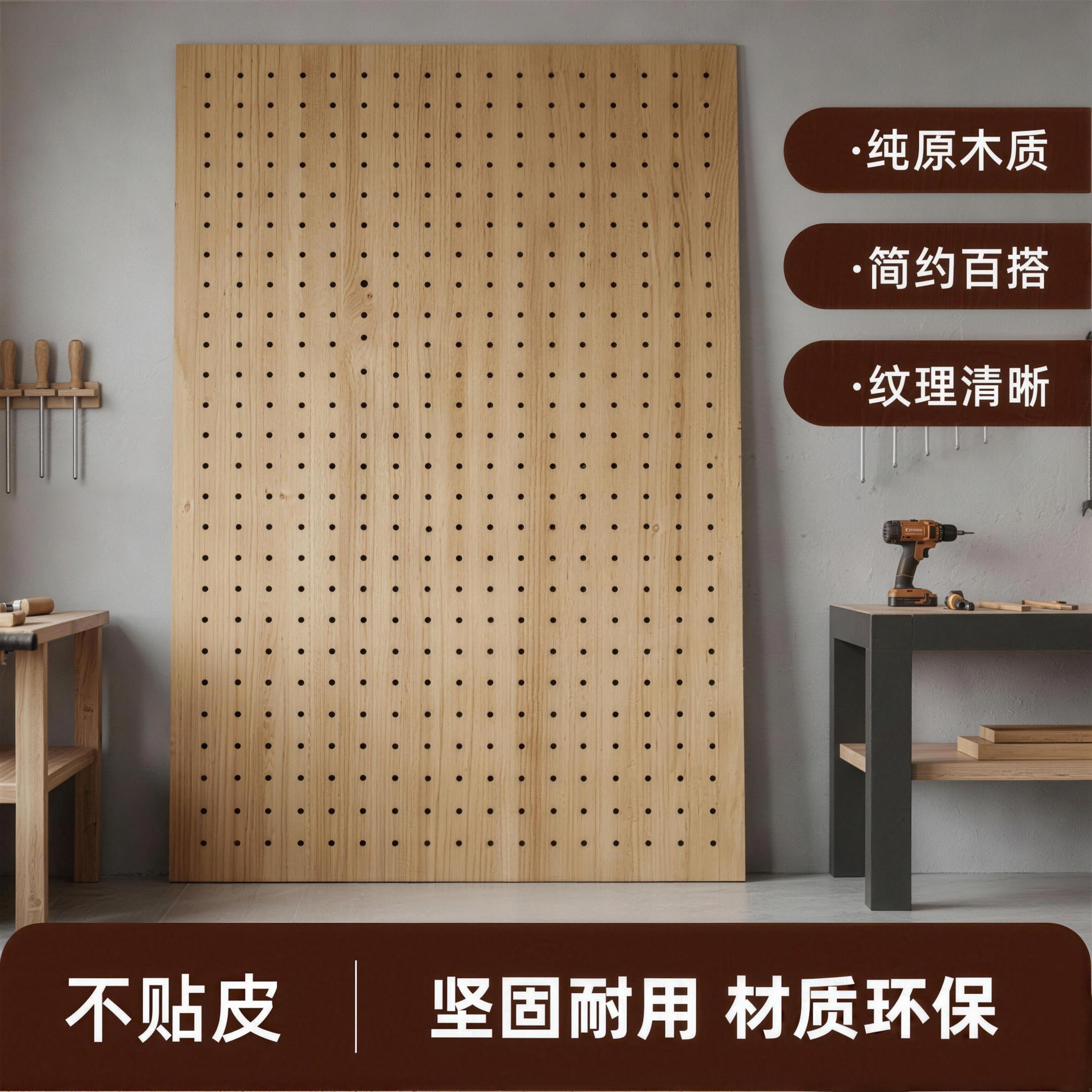 定制樱桃木色实木洞洞板板墙上置物架家用玄关客厅壁挂墙面原木