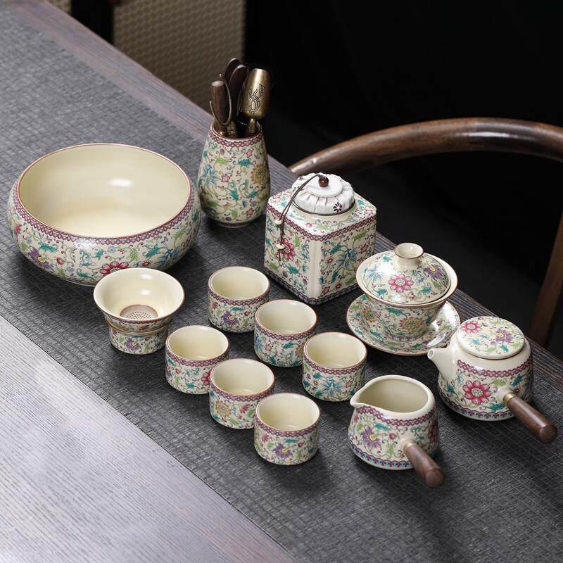 景德镇米黄汝窑功夫茶具套装珐琅彩花满枝防烫中式整套泡茶器高颜