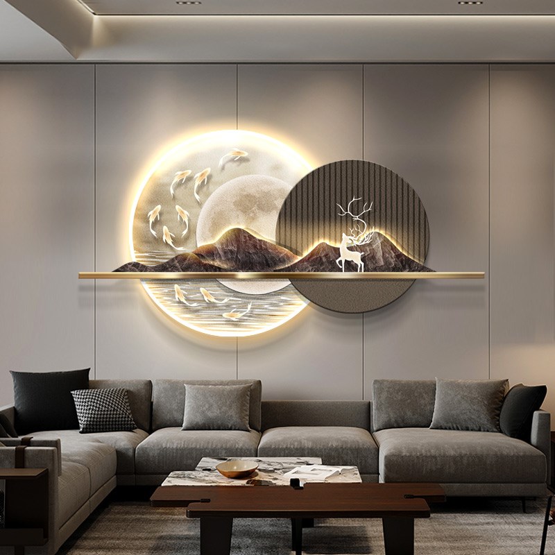 现代轻奢客厅立体灯光装饰画横版沙发背景墙挂画九鱼山水餐厅壁画图片
