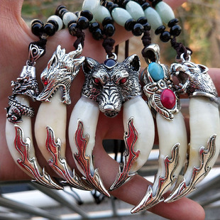 全新藏银狼狗牙吊坠男女棉绳项链民族风黑狗牙长款毛衣链挂件配饰