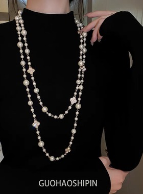 秋冬长款珍珠花朵毛衣链多层女