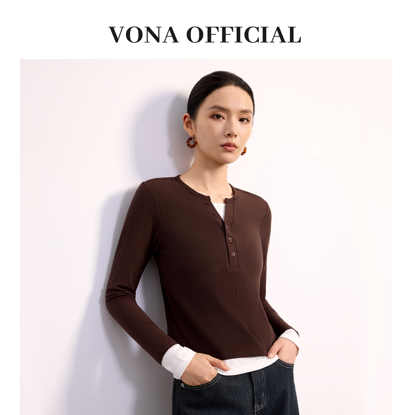 假两件长袖t恤女v领修身上衣