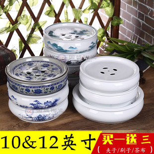 茶盘小型圆形潮汕茶圆沥水盘 家用陶瓷储水式 小号瓷小托盘放茶杯