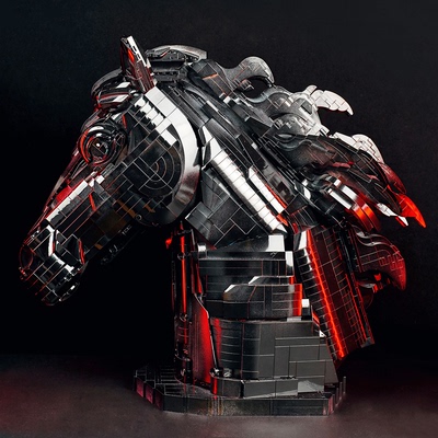 启智乐马年十二生肖马的黑色马面马首吉祥物礼物摆件拼装积木玩具