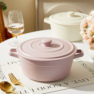 即物釉下彩带盖双耳汤碗2025新款 奶油风10.5寸大容量酸菜鱼盆餐具