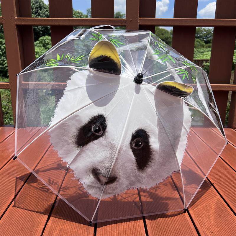 2022年新款透明儿童雨伞加厚耳朵伞安全手开3D立体可爱熊猫长柄伞