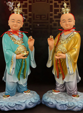 招财进宝童子像一对树脂彩绘12寸散财客厅桌面中式工艺品装饰摆件