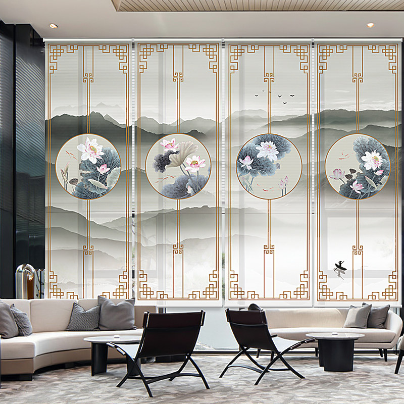 窗帘卷拉式自动升降卧室卷帘家用遮光办公室窗帘手拉式山水画隔断