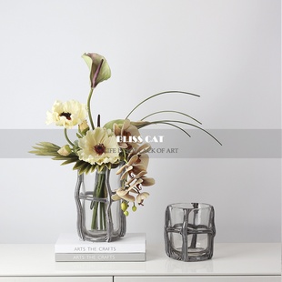 侘寂风艺术条纹格玻璃器插样板房餐桌电视柜瓶艺