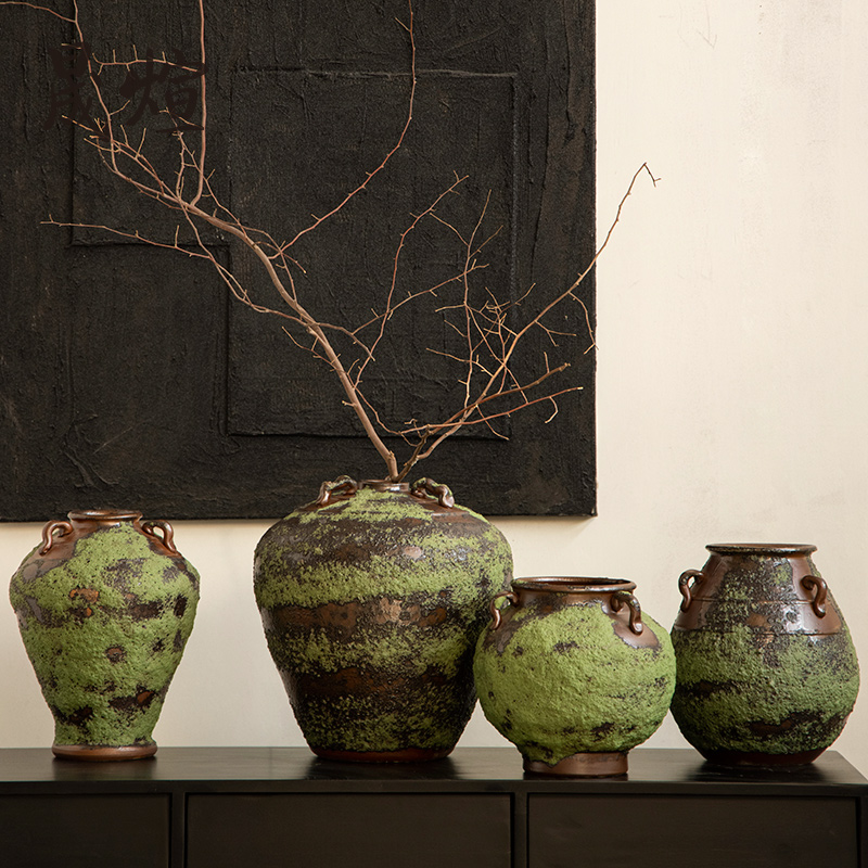 复古台面陶瓷青苔绿粗陶花瓶酒店样板间插花摆件创意软装水培陶罐