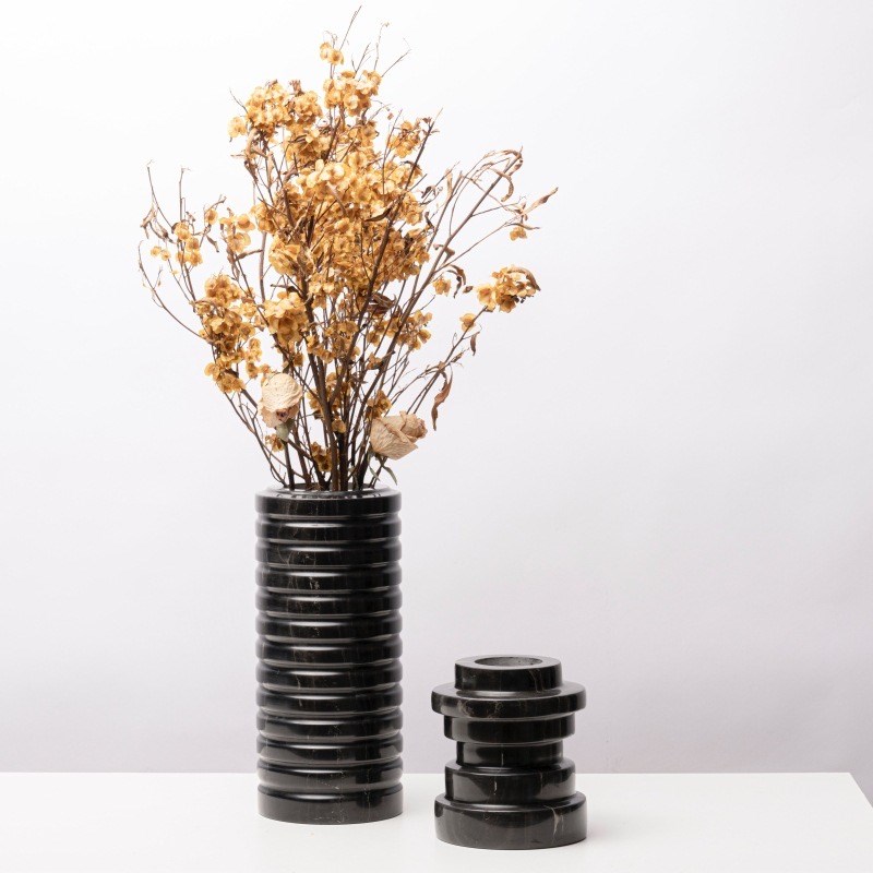 现代黑色大理石花瓶摆件样板房软装干花插花器茶几桌面装饰品
