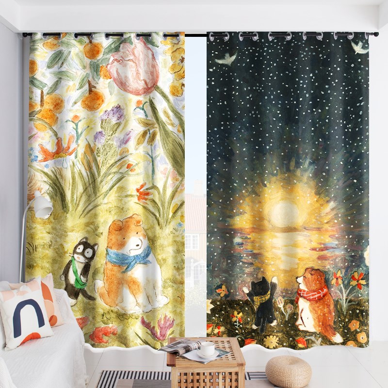2023新款全遮光卧室窗帘飘窗卡通猫咪现代客厅遮阳布成品绍兴柯桥