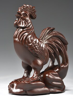 棕色木雕鸡十二生肖木头鸡家居客厅补角吉祥物红木工艺品