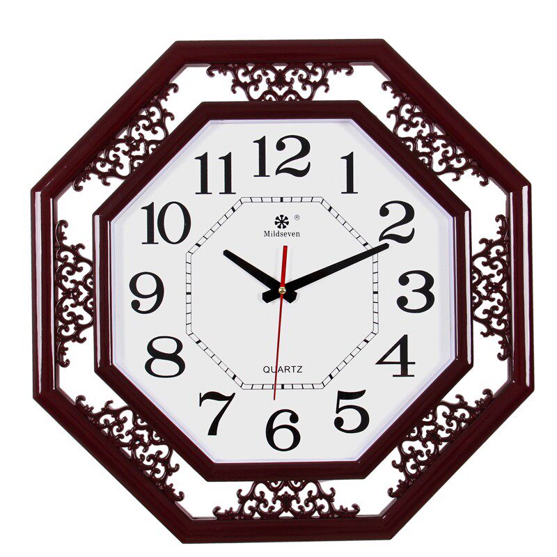 客厅挂钟18寸客厅挂钟红木色复古中式艺术扫秒机芯静音电子石英钟