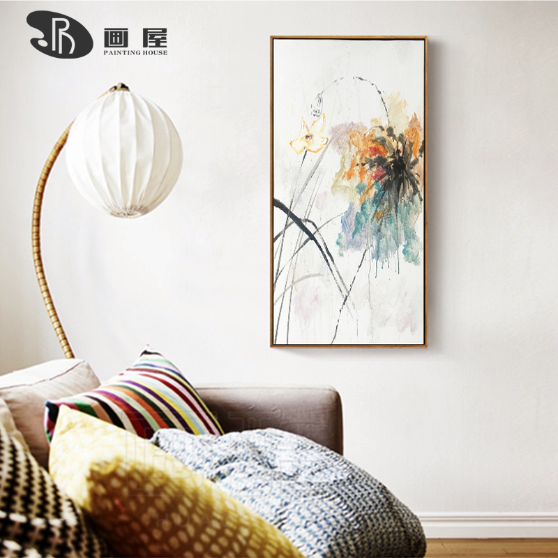 沙发背景墙三联画客厅装饰画现代简约挂画荷花手绘油画卧室墙画图片