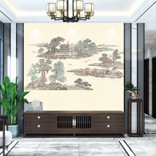 独绣刺绣无缝壁布水墨亭台楼阁客厅电视沙发背景墙布新