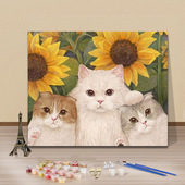 数字油画装 饰猫咪少女减压爱手工 饰画油彩画画框卡通装