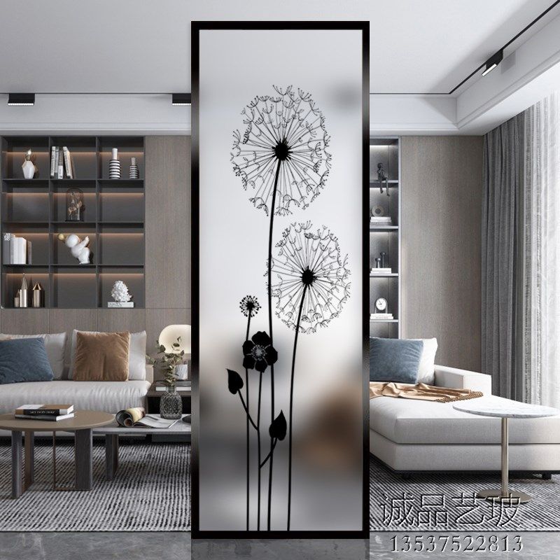 艺术玻璃定制钢化新款屏风客厅玄关磨砂透光彩绘面年蒲公英