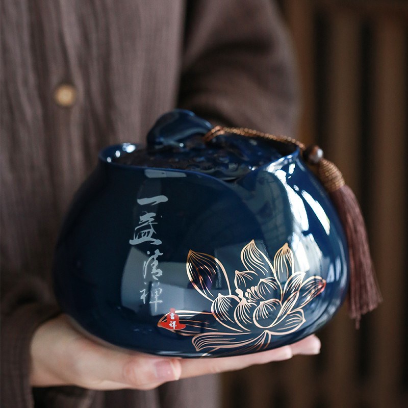 霁蓝陶瓷茶叶罐密封罐家用大中小号礼盒包装存储罐大码存茶罐