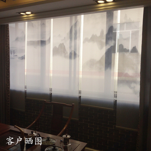 卷帘窗帘升降悬挂软隔断帘屏风客厅办公室酒店遮光山水画手拉 中式