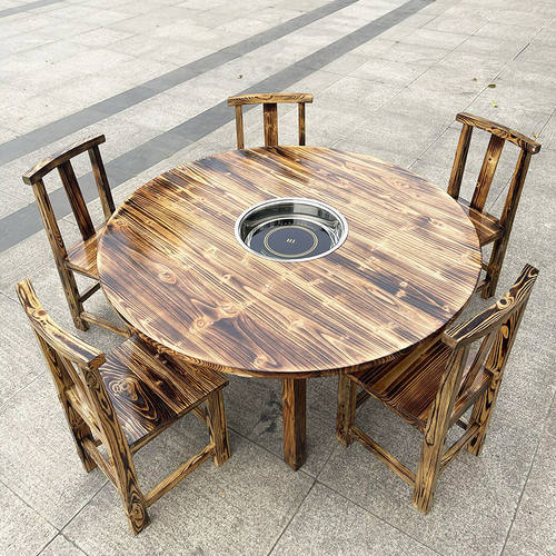 实木餐桌圆桌火锅桌电磁炉一体商用折叠桌子碳化木农家乐桌椅组合