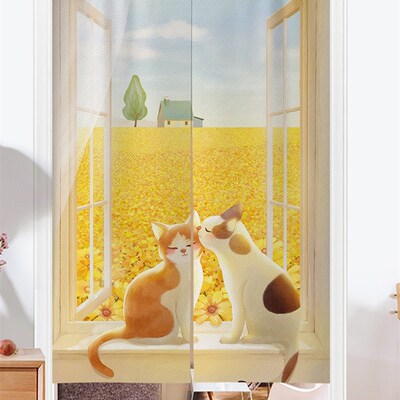 新款卡通装饰门帘小清新猫咪布帘卧室厕所半帘短帘家用半截布帘子