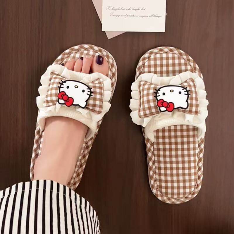 可爱Hello Kitty格子一字拖女居家防滑软底静音拖鞋