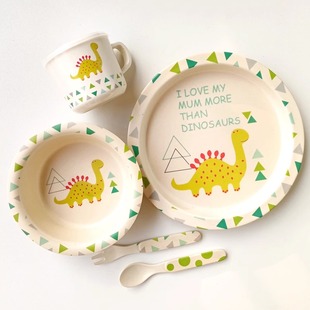 恐龙竹纤维儿童圆盘菜餐盘汤饭碗叉勺杯宝宝辅食餐具西餐盘吃面条