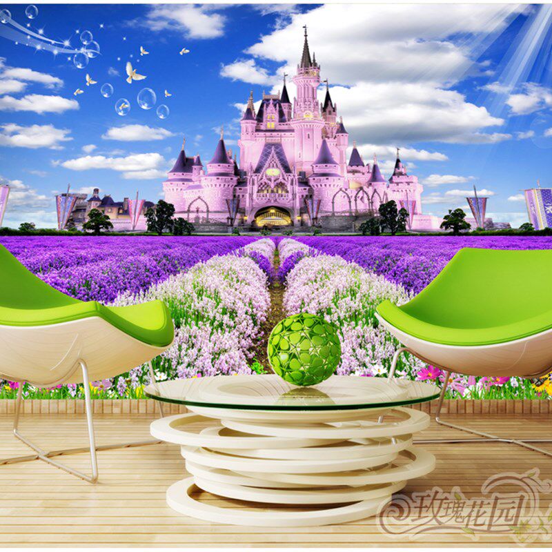 蓝天白云天空热气球儿童房壁纸薰衣草墙纸卧室自粘壁画温馨