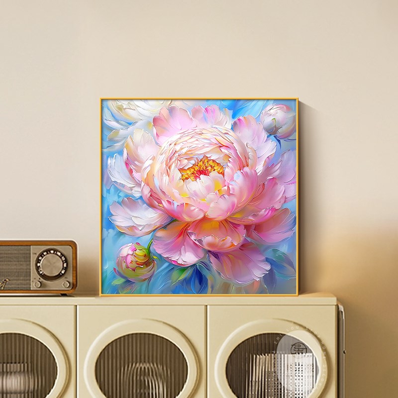 牡丹花入户玄关柜装饰画奶油风彩色花卉桌面摆画艺术新款餐厅挂画图片