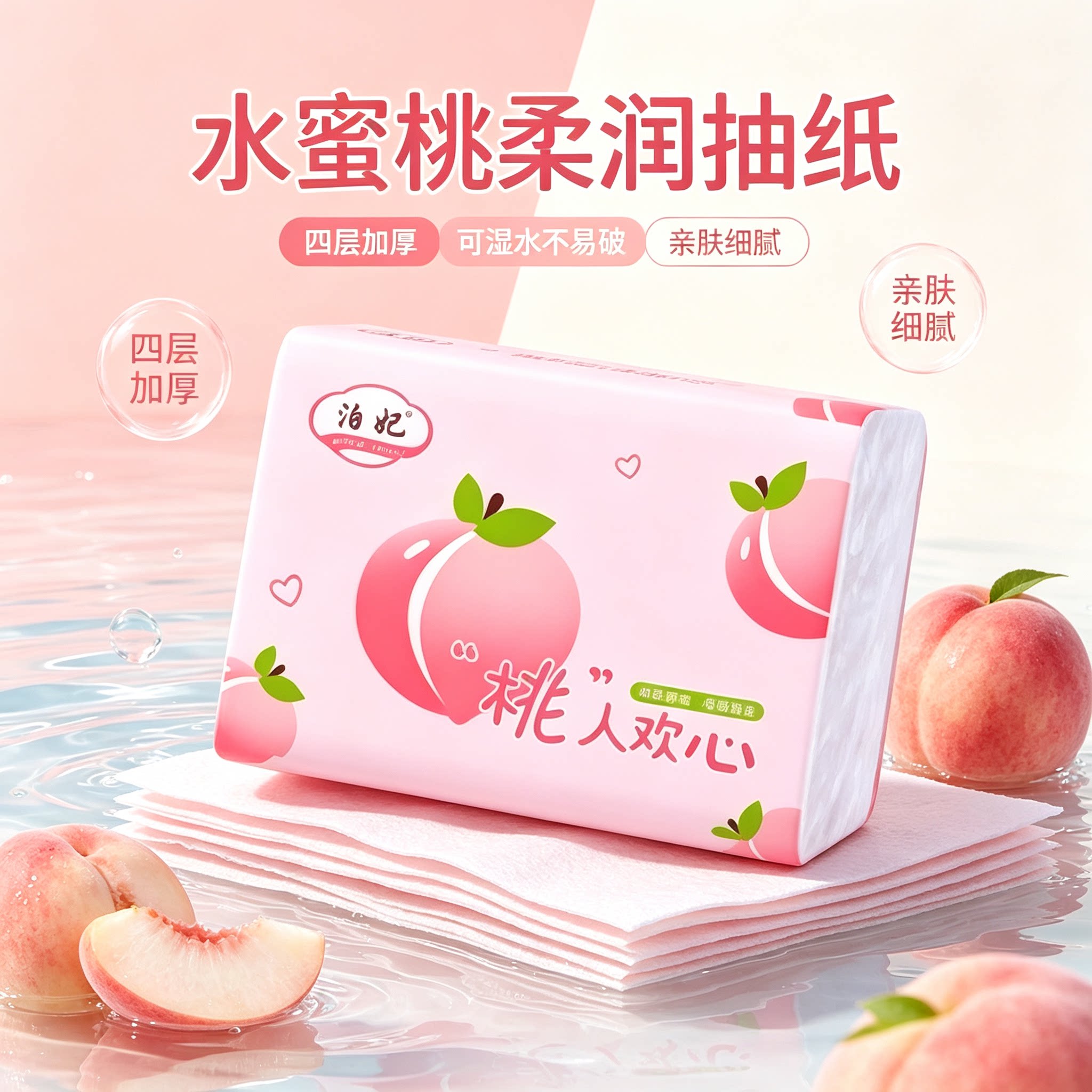 少女水蜜桃印花抽纸 原生木浆湿水不易破 家用宿舍高颜值餐巾面纸