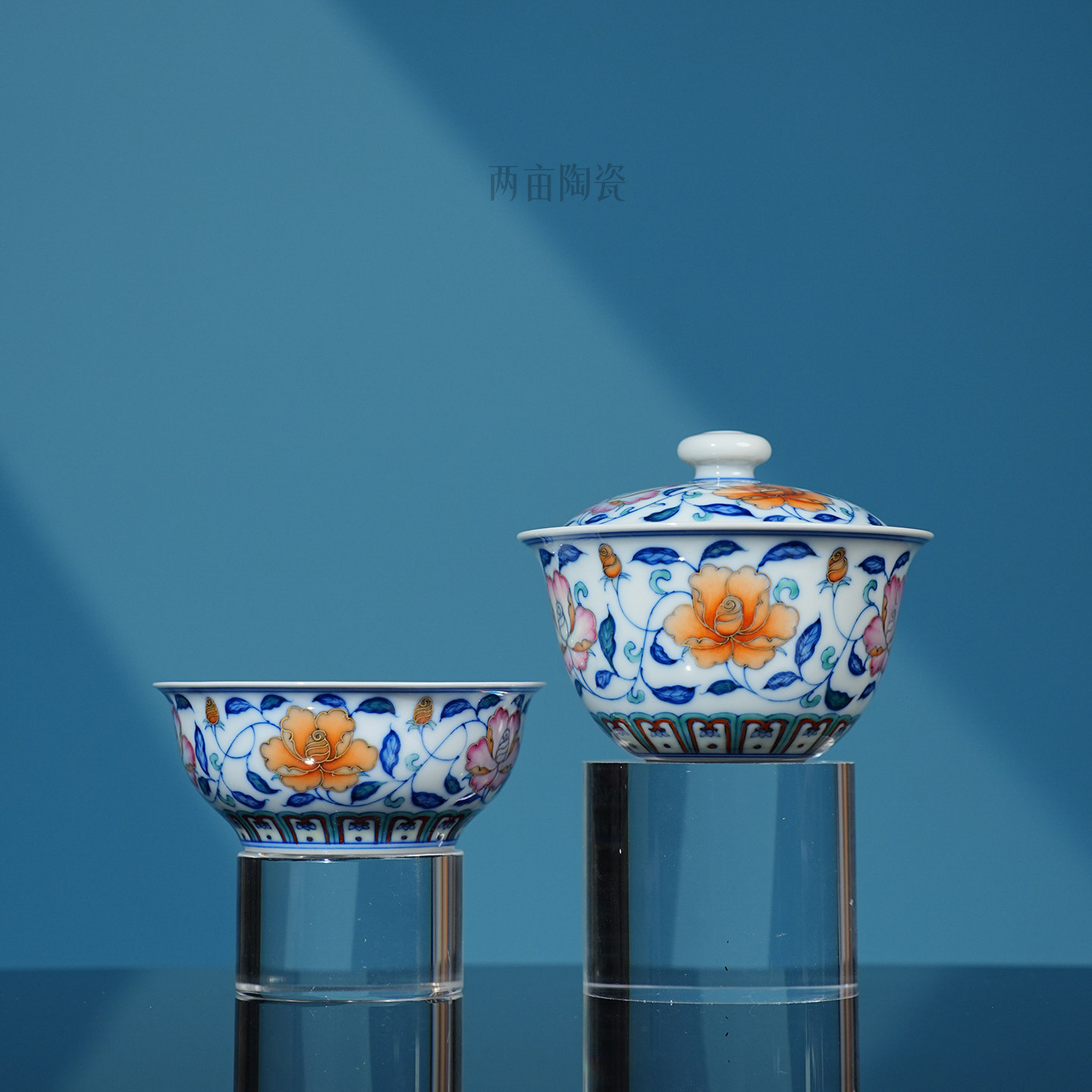 玗琪轩柴窑斗彩月季花茶器 景德镇手绘青花全手工茶具盖碗