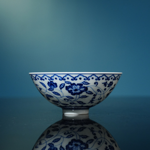 两亩陶瓷青花缠枝莲斗笠杯120ml 景德镇手工手绘高端单杯茶杯