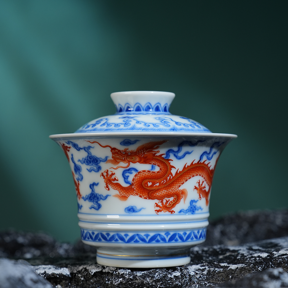 望月怀古青花矾红龙纹马蹄盖碗130ml 景德镇手工手绘陶瓷茶器茶碗