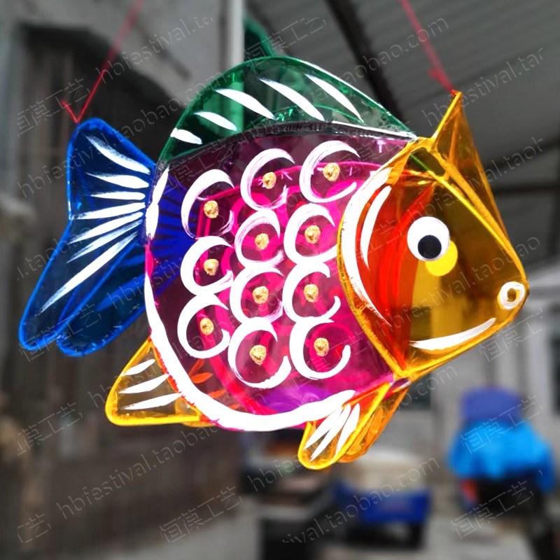 包邮 传统广东广州地区手工中秋元宵节花灯手绘玻璃纸金鱼灯笼