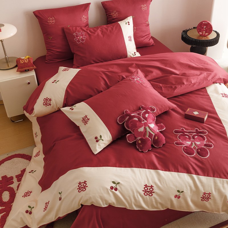 可爱婚庆床品四件套全棉100S喜字贴布刺绣樱桃红色结婚房被套床单