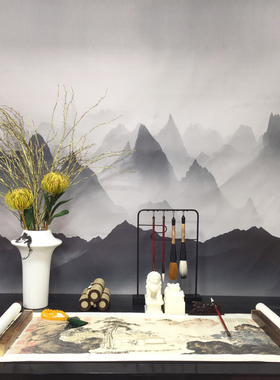 新中式样板房售楼处会所客厅仿古饰品书房书法毛镇尺书画组合摆件