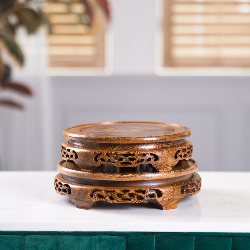 鸡翅木实木圆形雕花红木底座茶叶缸茶壶葫芦金蟾酒坛花瓶盆木托架,家居饰品,木雕,淘宝优惠券,粉丝福利购,淘宝优惠卷