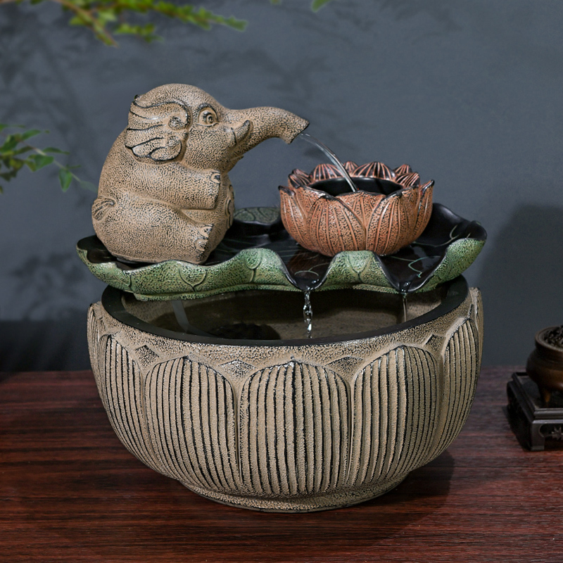 办公室装饰大象吐水流水生财摆件循环水茶室布置鱼池茶桌水系景观