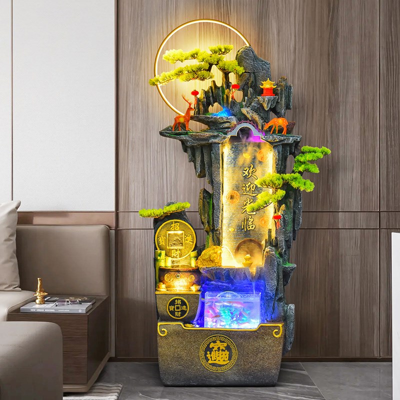 中式鱼缸流水摆件循环水车客厅落地喷泉生财电视柜旁假山景观水景