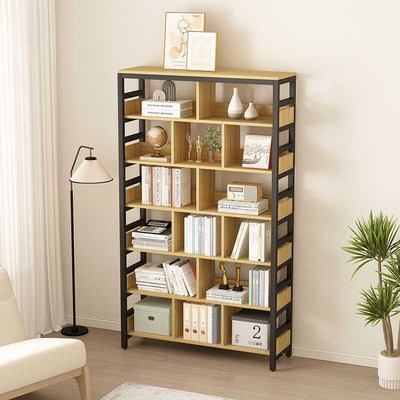 格子书架客厅落地儿童多层简易收纳储物柜靠墙一体铁艺钢架展示柜