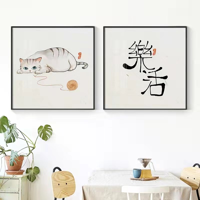 新中式客厅卧室简约动物猫咪卡通创意晶瓷画油布画装饰画方形挂画图片