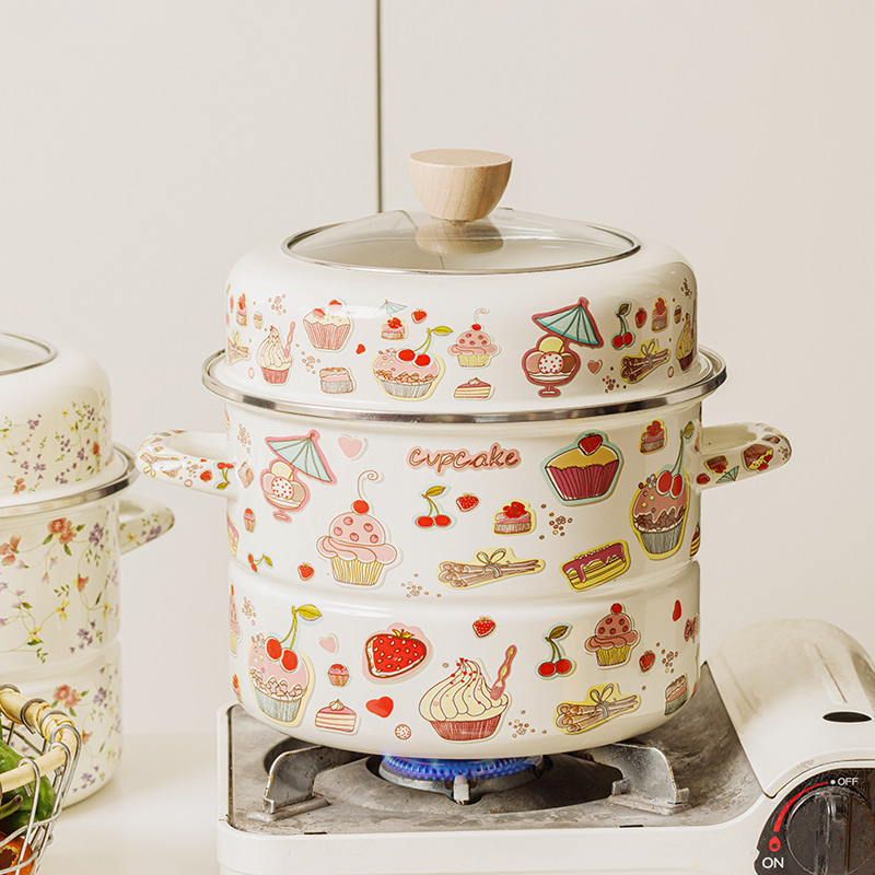 搪瓷蒸锅煮一体珐琅多二层家用燃气灶专用高盖小型家用加厚24cm28